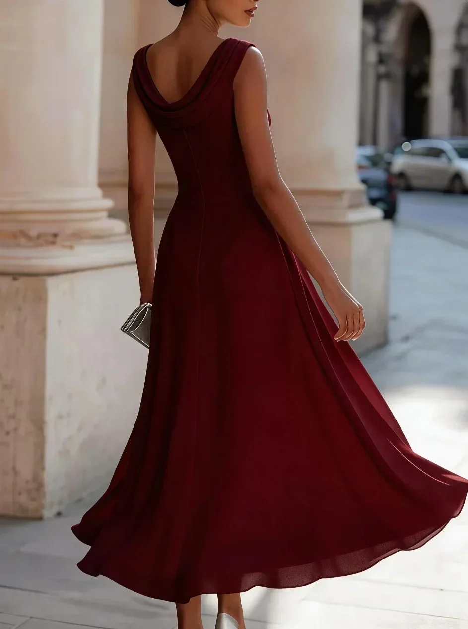 Women Draped Cowl Neck Sleeveless Waist Ruched Midi Dress Elegant Formal Wedding Guest Swing Dress