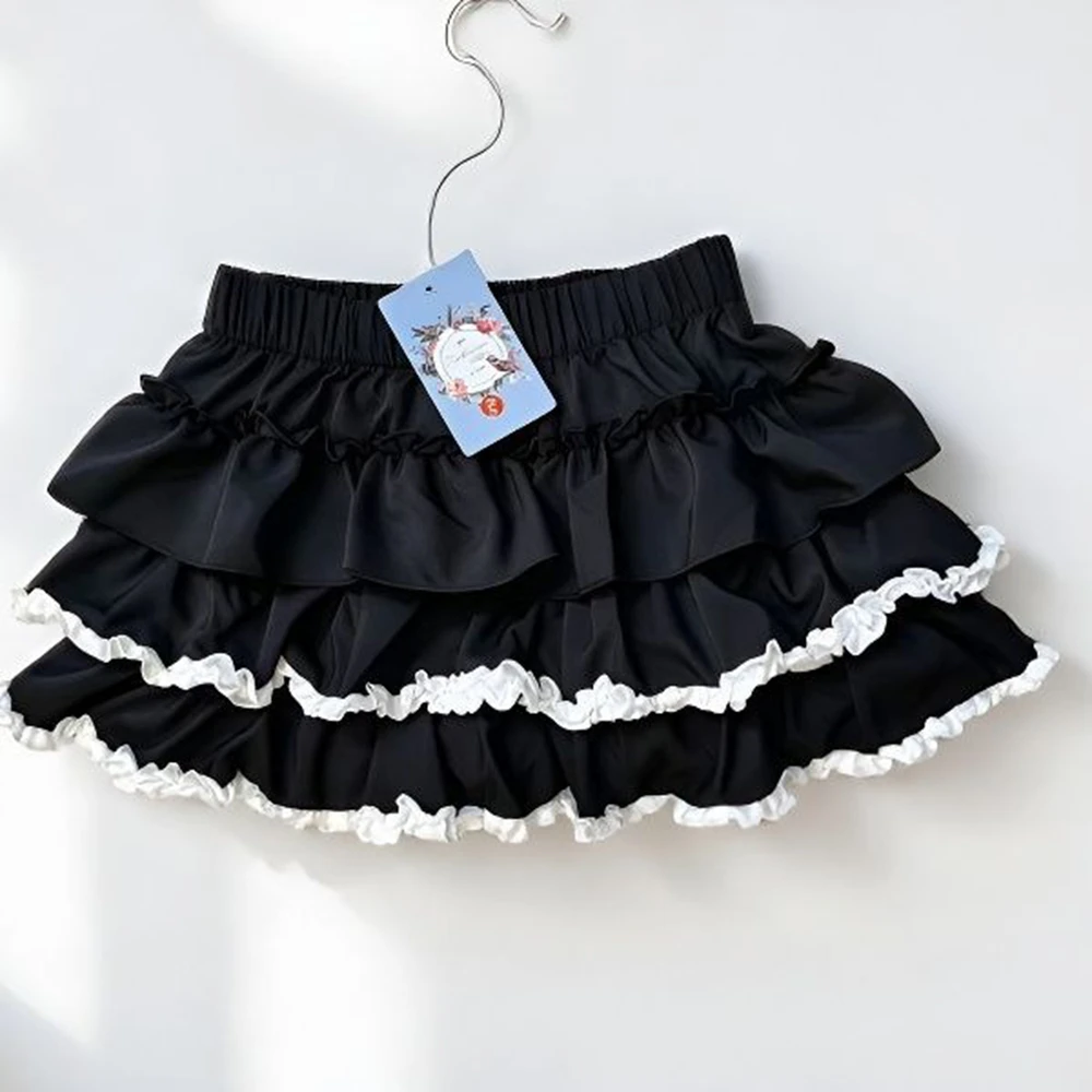 Women Mini Skirts Tiered Ruffles Lolita Built-in Shorts Kawaii Sukapan Skort Gothic Punk Coquette Y2K E-girl Black Lace Gown