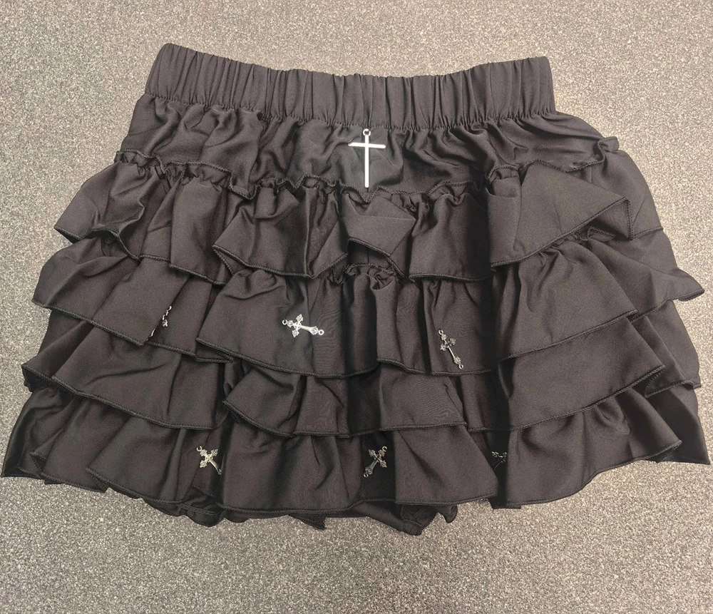 Women Mini Skirts Tiered Ruffles Lolita Built-in Shorts Kawaii Sukapan Skort Gothic Punk Coquette Y2K E-girl Black Lace Gown