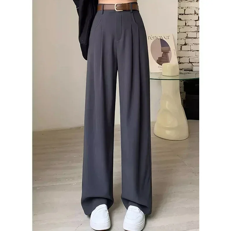 Women Fashion Suit Pants Lady Breathable Baggy High Waist Wide Leg Summer Trousers Lady Straight Leg Black Coffee Classic Pants