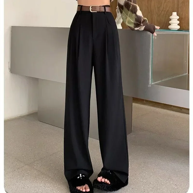 Women Fashion Suit Pants Lady Breathable Baggy High Waist Wide Leg Summer Trousers Lady Straight Leg Black Coffee Classic Pants