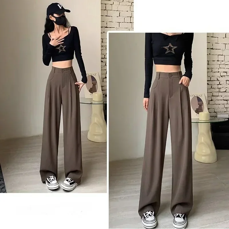 Women Fashion Suit Pants Lady Breathable Baggy High Waist Wide Leg Summer Trousers Lady Straight Leg Black Coffee Classic Pants