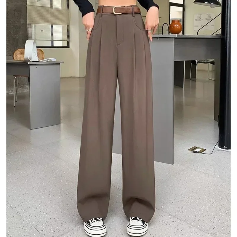 Women Fashion Suit Pants Lady Breathable Baggy High Waist Wide Leg Summer Trousers Lady Straight Leg Black Coffee Classic Pants