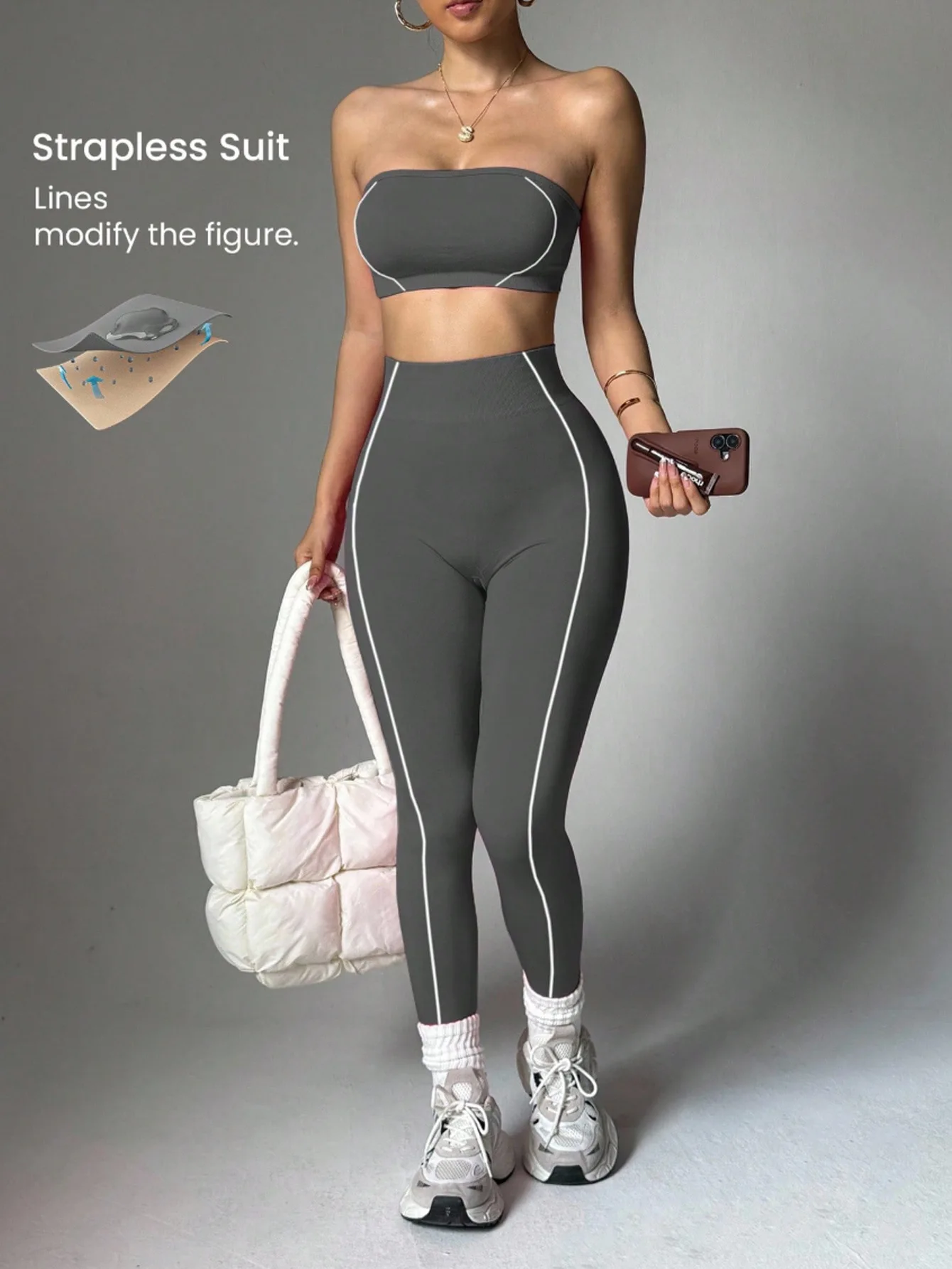 Women Strapless Bandeau Sports Bra Seamless High Waist Yoga Leggings Set Padded Workout Fitness Gym 2 Piece Outfits