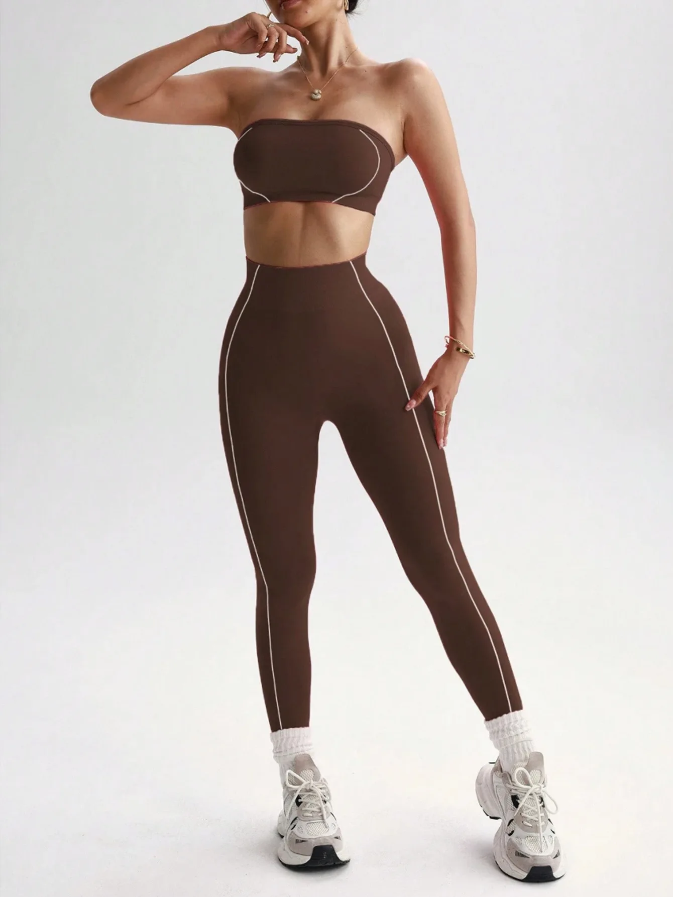 Women Strapless Bandeau Sports Bra Seamless High Waist Yoga Leggings Set Padded Workout Fitness Gym 2 Piece Outfits