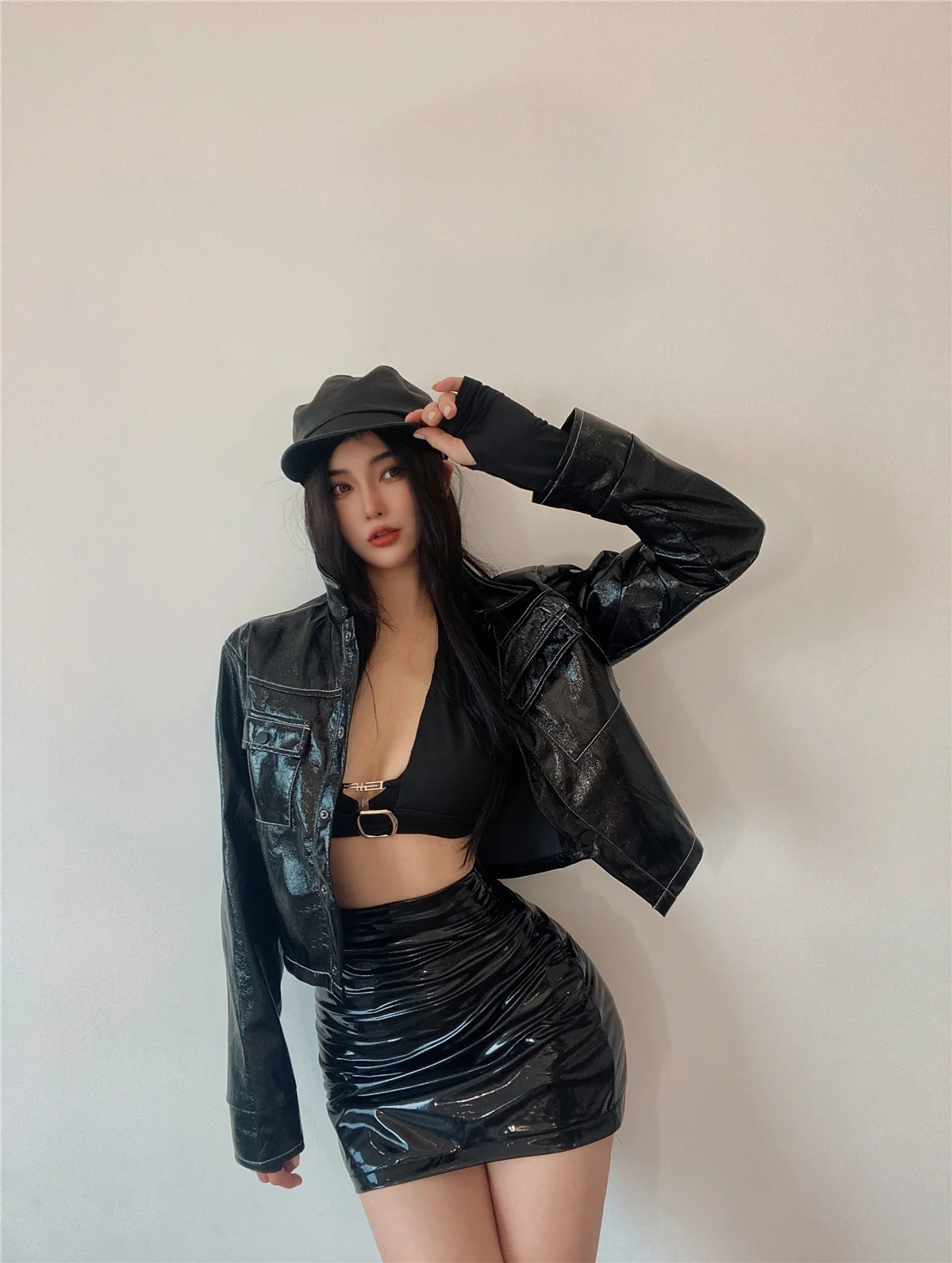 Black High Waist Leather Mini Skirt Women's Autumn Winter Sexy Tight PU Reflective Korean Style Sweet