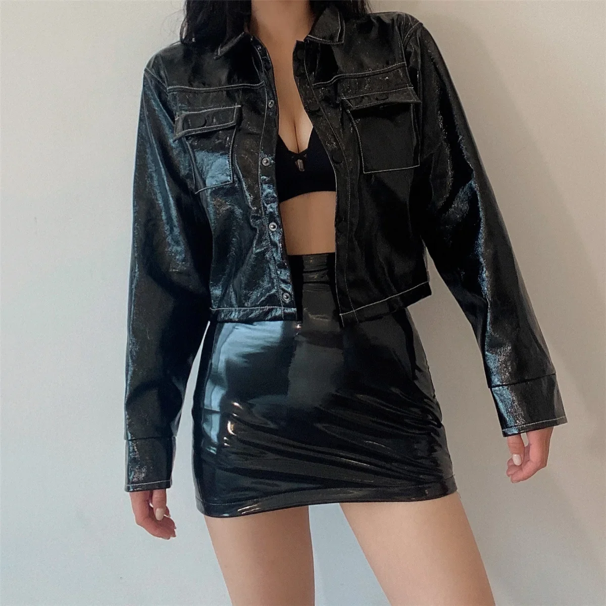 Black High Waist Leather Mini Skirt Women's Autumn Winter Sexy Tight PU Reflective Korean Style Sweet