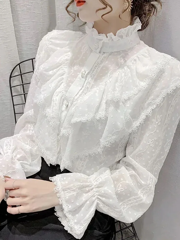Long Sleeve Loose Spring Fashion Button White Shirt Elegant Stand Collar Pleated Tops Casual Ruffle Lace Blouse Blusas 15832