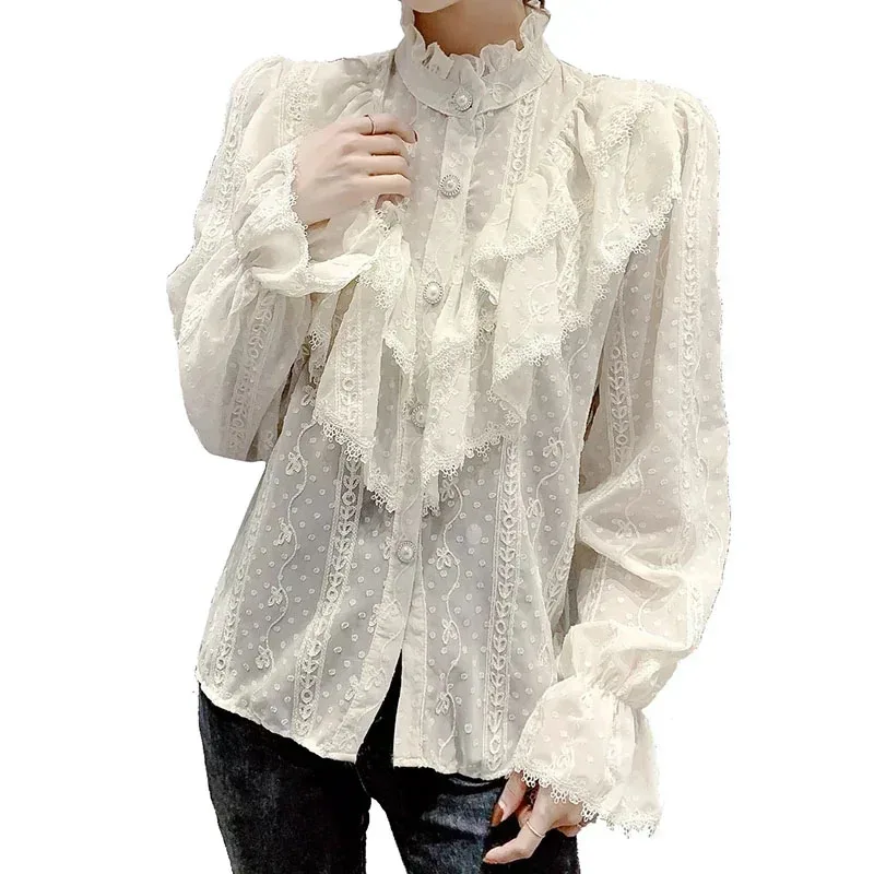 Long Sleeve Loose Spring Fashion Button White Shirt Elegant Stand Collar Pleated Tops Casual Ruffle Lace Blouse Blusas 15832