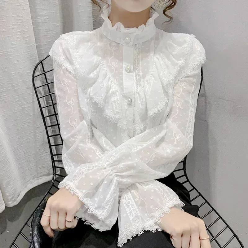 Long Sleeve Loose Spring Fashion Button White Shirt Elegant Stand Collar Pleated Tops Casual Ruffle Lace Blouse Blusas 15832