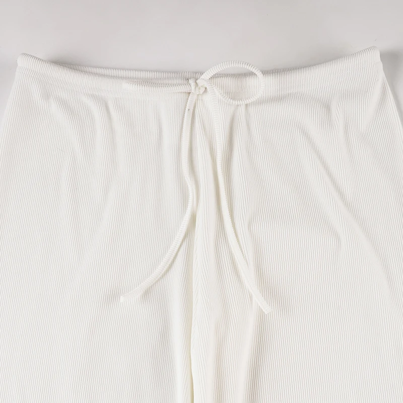 Basic Solid Low-Waisted Ribbed Knitted Pants Casual Loose Drawstring Wide Leg Pants Soft Comfy Lounge Wear Trousers Streetwear