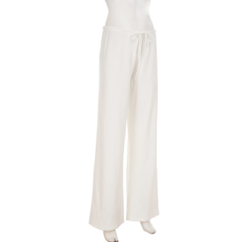 Basic Solid Low-Waisted Ribbed Knitted Pants Casual Loose Drawstring Wide Leg Pants Soft Comfy Lounge Wear Trousers Streetwear