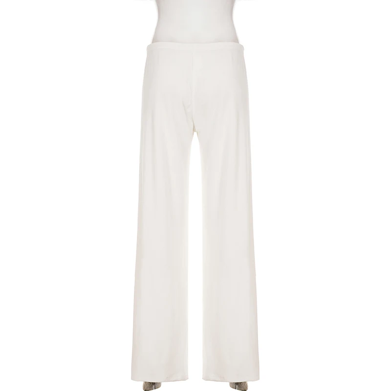 Basic Solid Low-Waisted Ribbed Knitted Pants Casual Loose Drawstring Wide Leg Pants Soft Comfy Lounge Wear Trousers Streetwear