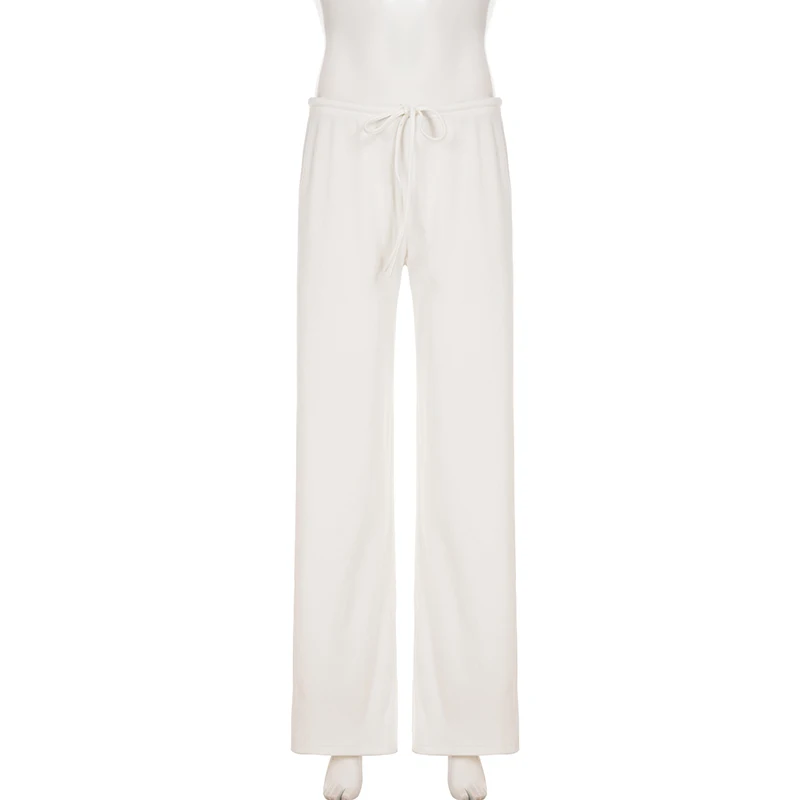 Basic Solid Low-Waisted Ribbed Knitted Pants Casual Loose Drawstring Wide Leg Pants Soft Comfy Lounge Wear Trousers Streetwear