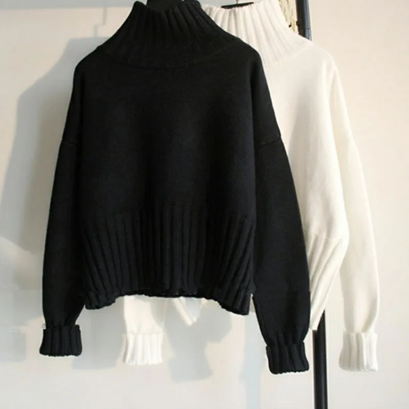 Lucyever Black White Autumn Winter Sweaters Women Soft Thick Loose Fit Knitted Pullovers Female Long Sleeve Turtleneck Sweater
