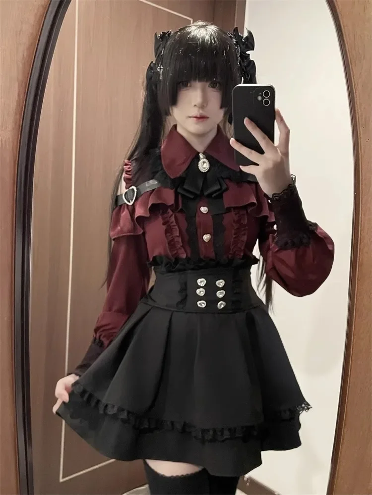 Dark Sweet Heart Ground Type Lolita Set, Ruffle Sleeve Top & A-line Skirt, Cute Kawaii Japanese Style Gothic Coord Outfit S-XL