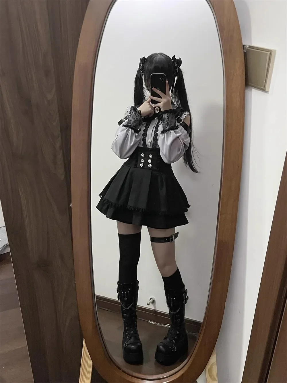 Dark Sweet Heart Ground Type Lolita Set, Ruffle Sleeve Top & A-line Skirt, Cute Kawaii Japanese Style Gothic Coord Outfit S-XL