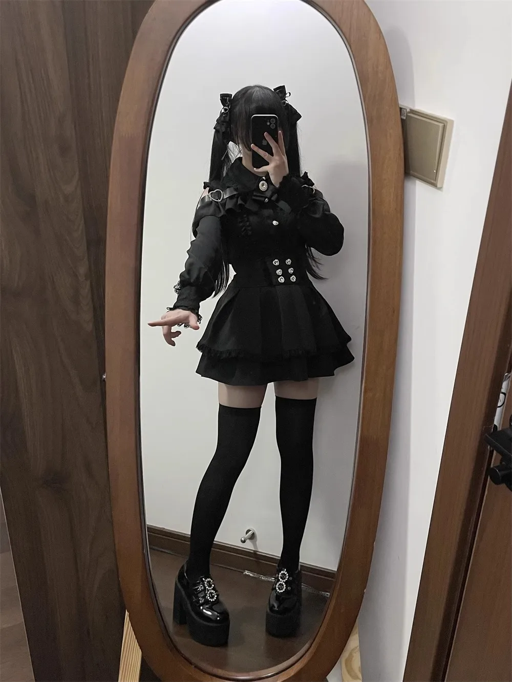 Dark Sweet Heart Ground Type Lolita Set, Ruffle Sleeve Top & A-line Skirt, Cute Kawaii Japanese Style Gothic Coord Outfit S-XL