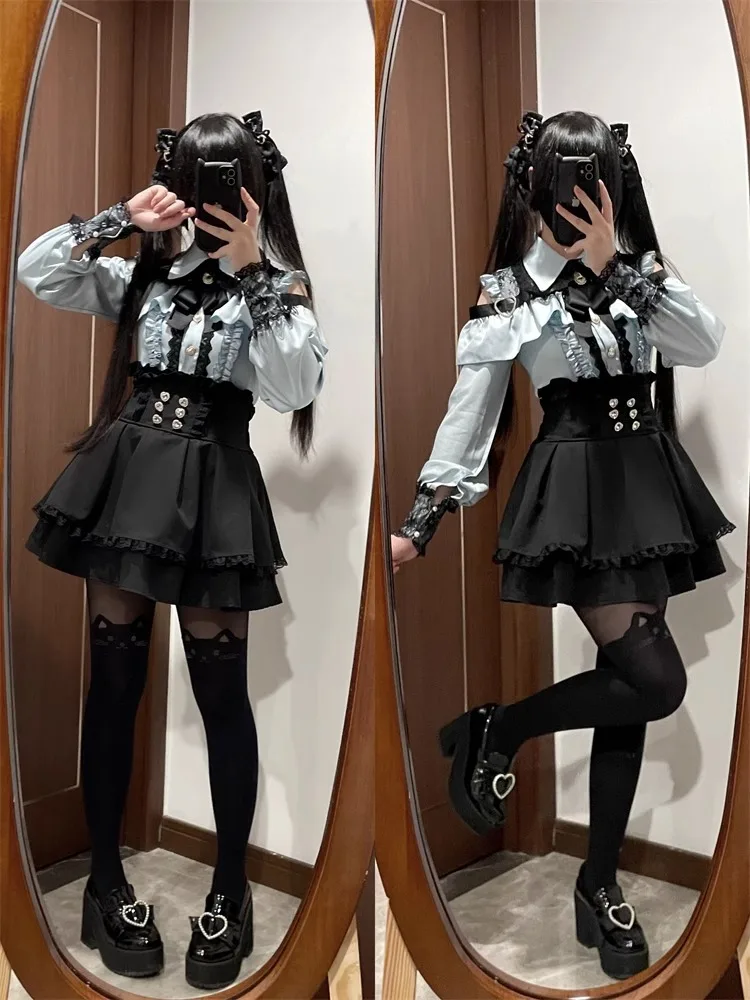 Dark Sweet Heart Ground Type Lolita Set, Ruffle Sleeve Top & A-line Skirt, Cute Kawaii Japanese Style Gothic Coord Outfit S-XL