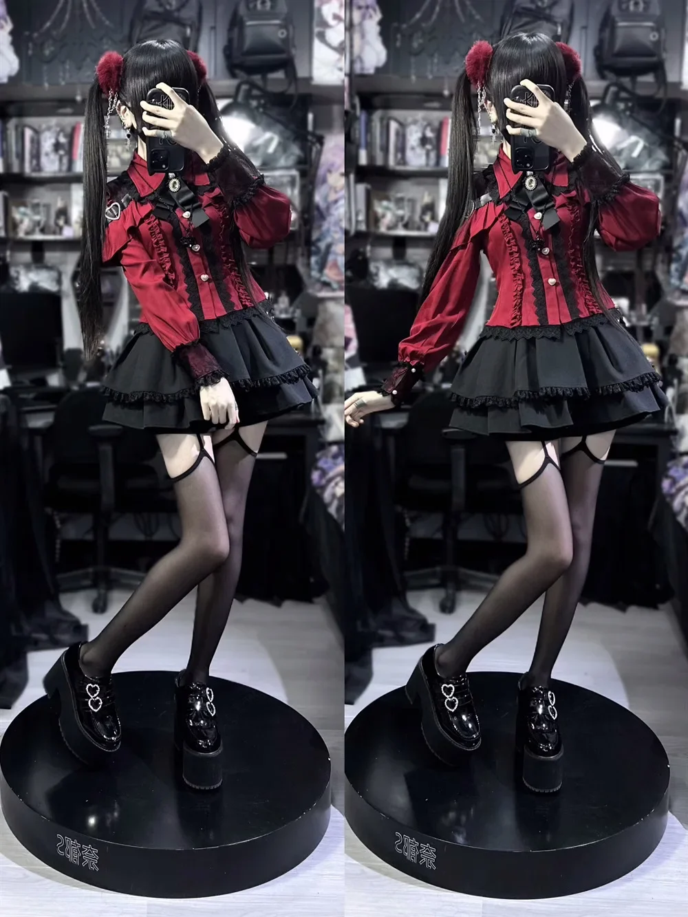 Dark Sweet Heart Ground Type Lolita Set, Ruffle Sleeve Top & A-line Skirt, Cute Kawaii Japanese Style Gothic Coord Outfit S-XL