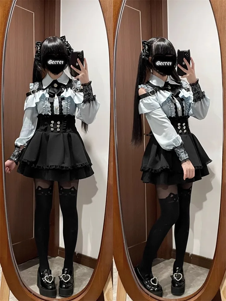 Dark Sweet Heart Ground Type Lolita Set, Ruffle Sleeve Top & A-line Skirt, Cute Kawaii Japanese Style Gothic Coord Outfit S-XL