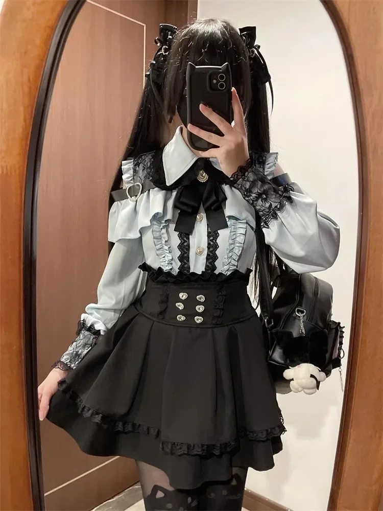 Dark Sweet Heart Ground Type Lolita Set, Ruffle Sleeve Top & A-line Skirt, Cute Kawaii Japanese Style Gothic Coord Outfit S-XL