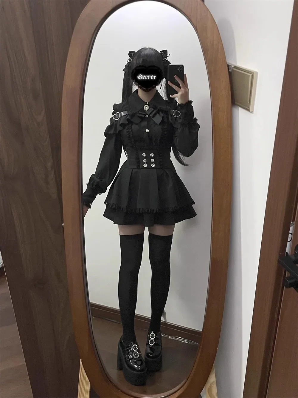 Dark Sweet Heart Ground Type Lolita Set, Ruffle Sleeve Top & A-line Skirt, Cute Kawaii Japanese Style Gothic Coord Outfit S-XL