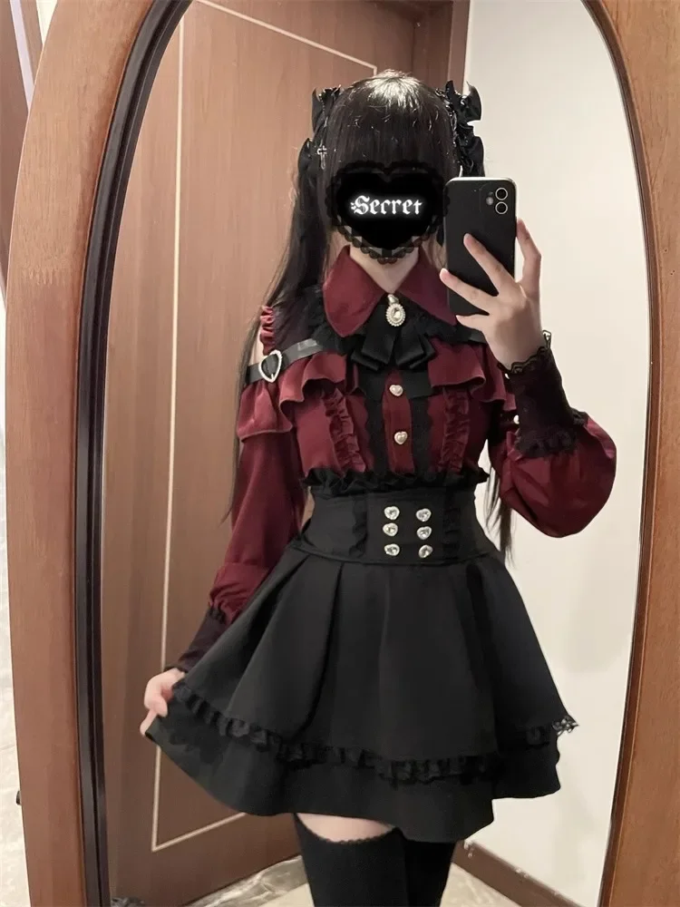 Dark Sweet Heart Ground Type Lolita Set, Ruffle Sleeve Top & A-line Skirt, Cute Kawaii Japanese Style Gothic Coord Outfit S-XL