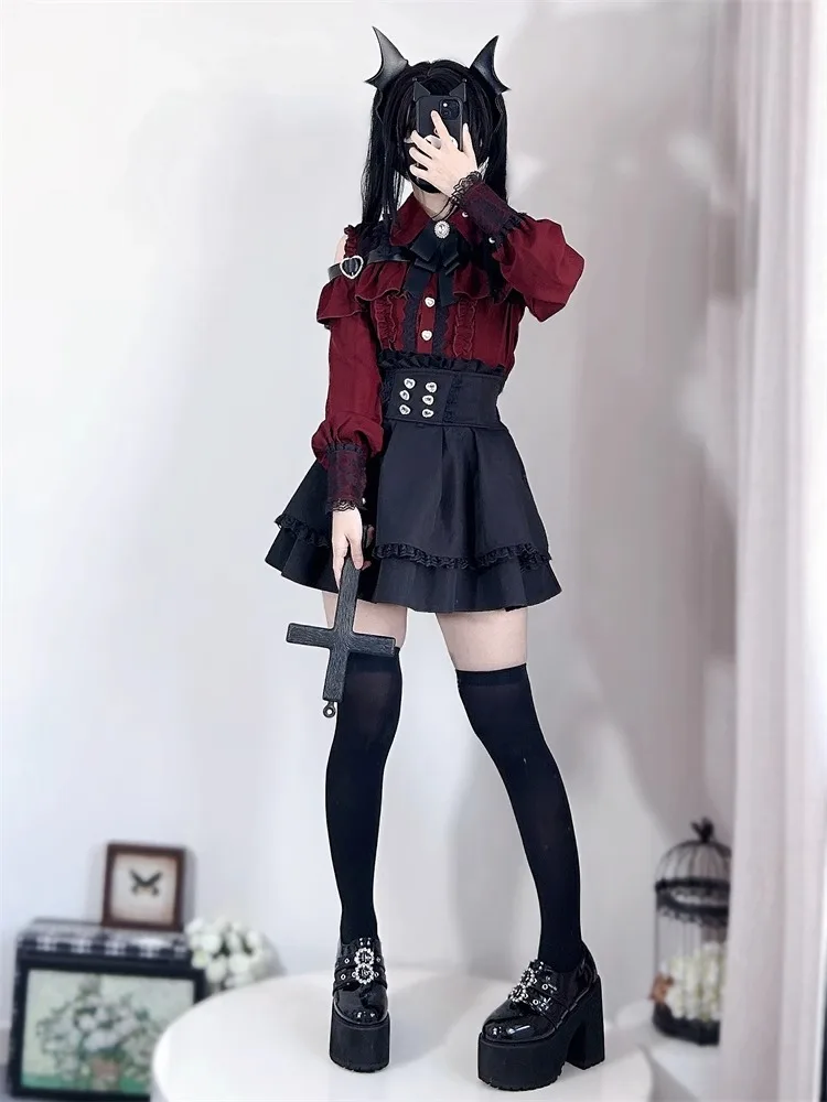 Dark Sweet Heart Ground Type Lolita Set, Ruffle Sleeve Top & A-line Skirt, Cute Kawaii Japanese Style Gothic Coord Outfit S-XL
