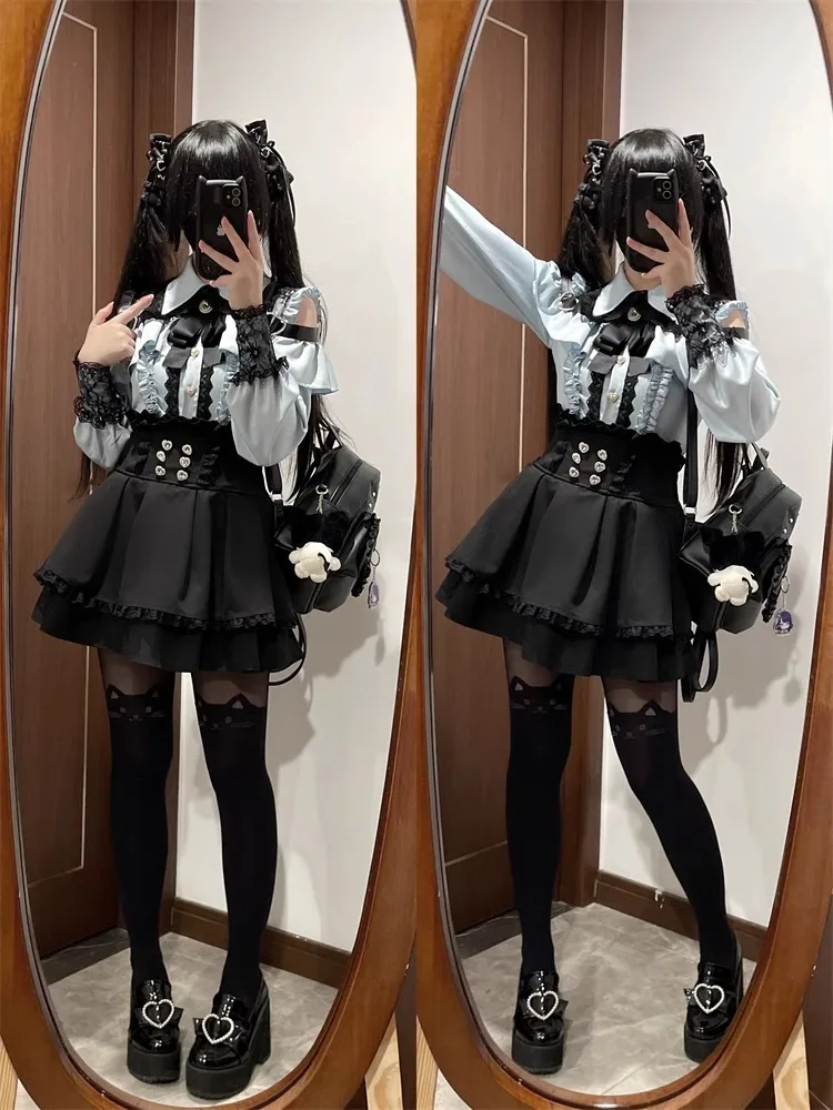 Dark Sweet Heart Ground Type Lolita Set, Ruffle Sleeve Top & A-line Skirt, Cute Kawaii Japanese Style Gothic Coord Outfit S-XL