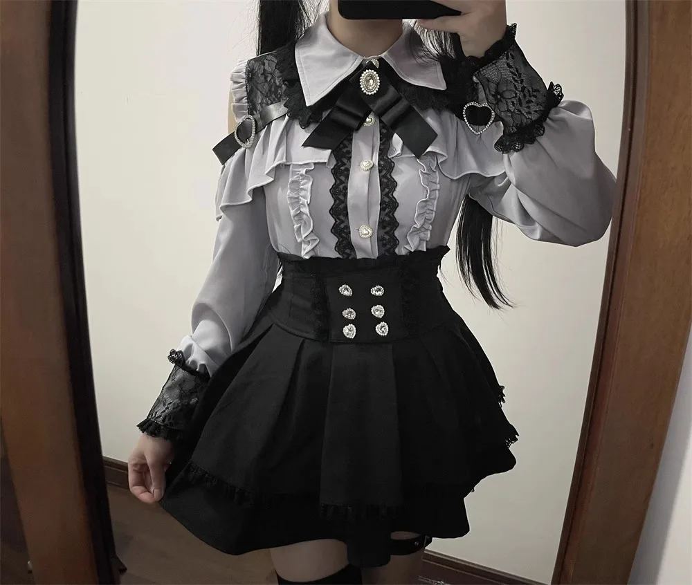 Dark Sweet Heart Ground Type Lolita Set, Ruffle Sleeve Top & A-line Skirt, Cute Kawaii Japanese Style Gothic Coord Outfit S-XL