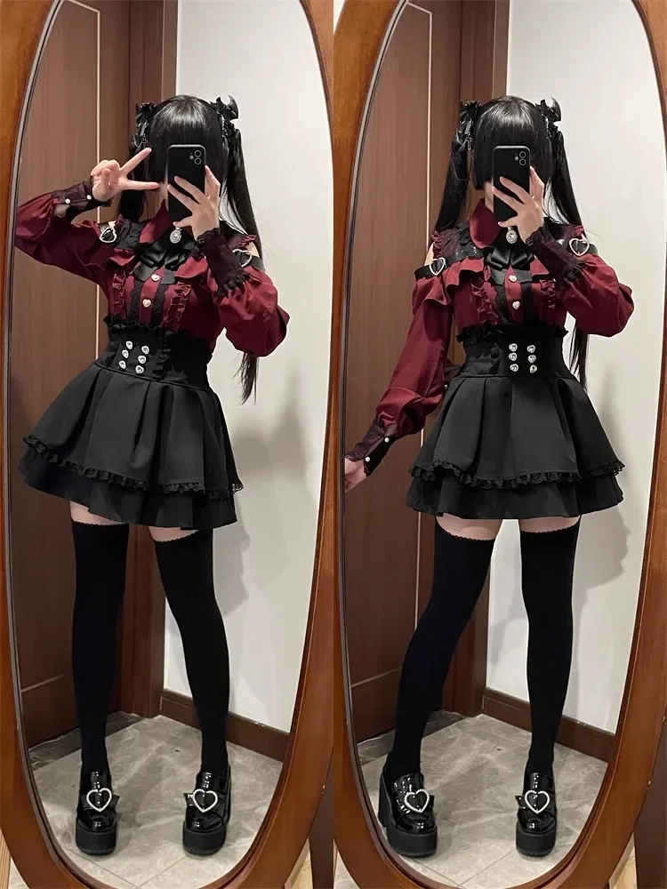 Dark Sweet Heart Ground Type Lolita Set, Ruffle Sleeve Top & A-line Skirt, Cute Kawaii Japanese Style Gothic Coord Outfit S-XL
