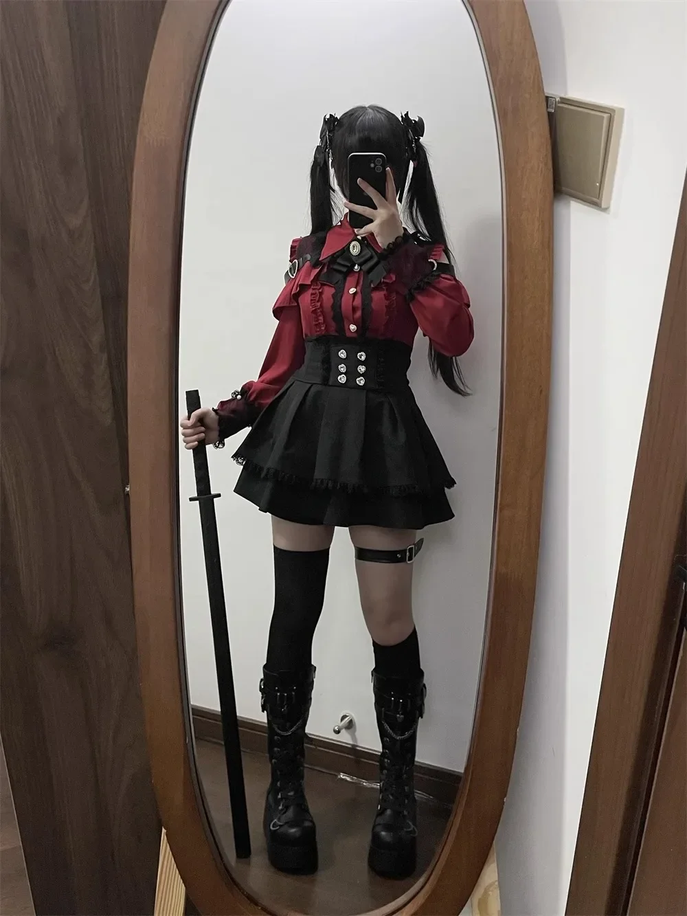 Dark Sweet Heart Ground Type Lolita Set, Ruffle Sleeve Top & A-line Skirt, Cute Kawaii Japanese Style Gothic Coord Outfit S-XL