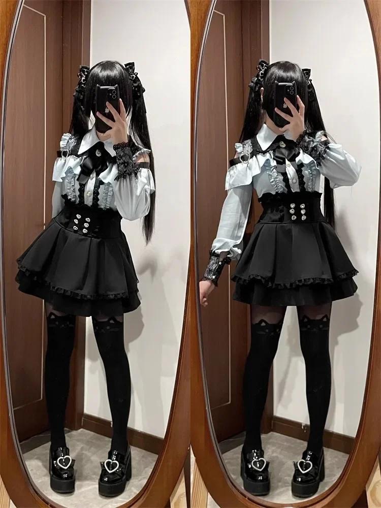 Dark Sweet Heart Ground Type Lolita Set, Ruffle Sleeve Top & A-line Skirt, Cute Kawaii Japanese Style Gothic Coord Outfit S-XL
