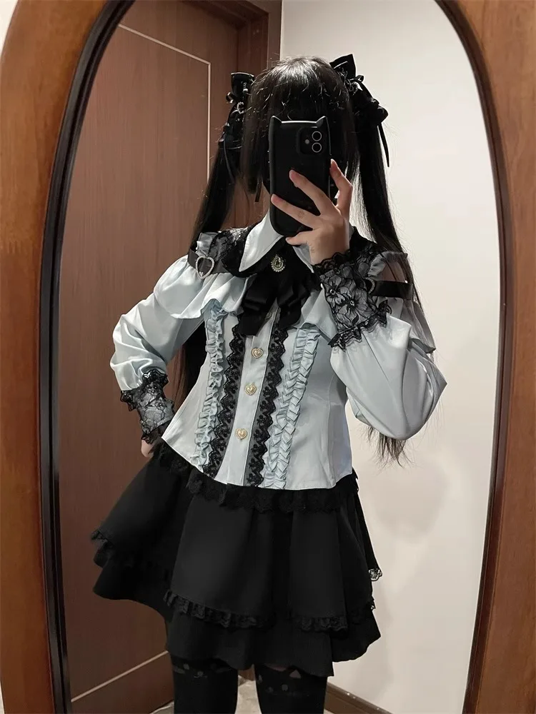 Dark Sweet Heart Ground Type Lolita Set, Ruffle Sleeve Top & A-line Skirt, Cute Kawaii Japanese Style Gothic Coord Outfit S-XL