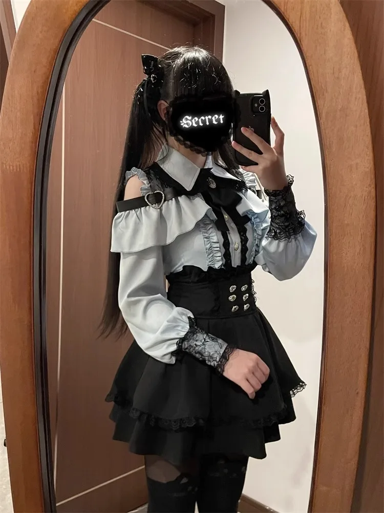 Dark Sweet Heart Ground Type Lolita Set, Ruffle Sleeve Top & A-line Skirt, Cute Kawaii Japanese Style Gothic Coord Outfit S-XL