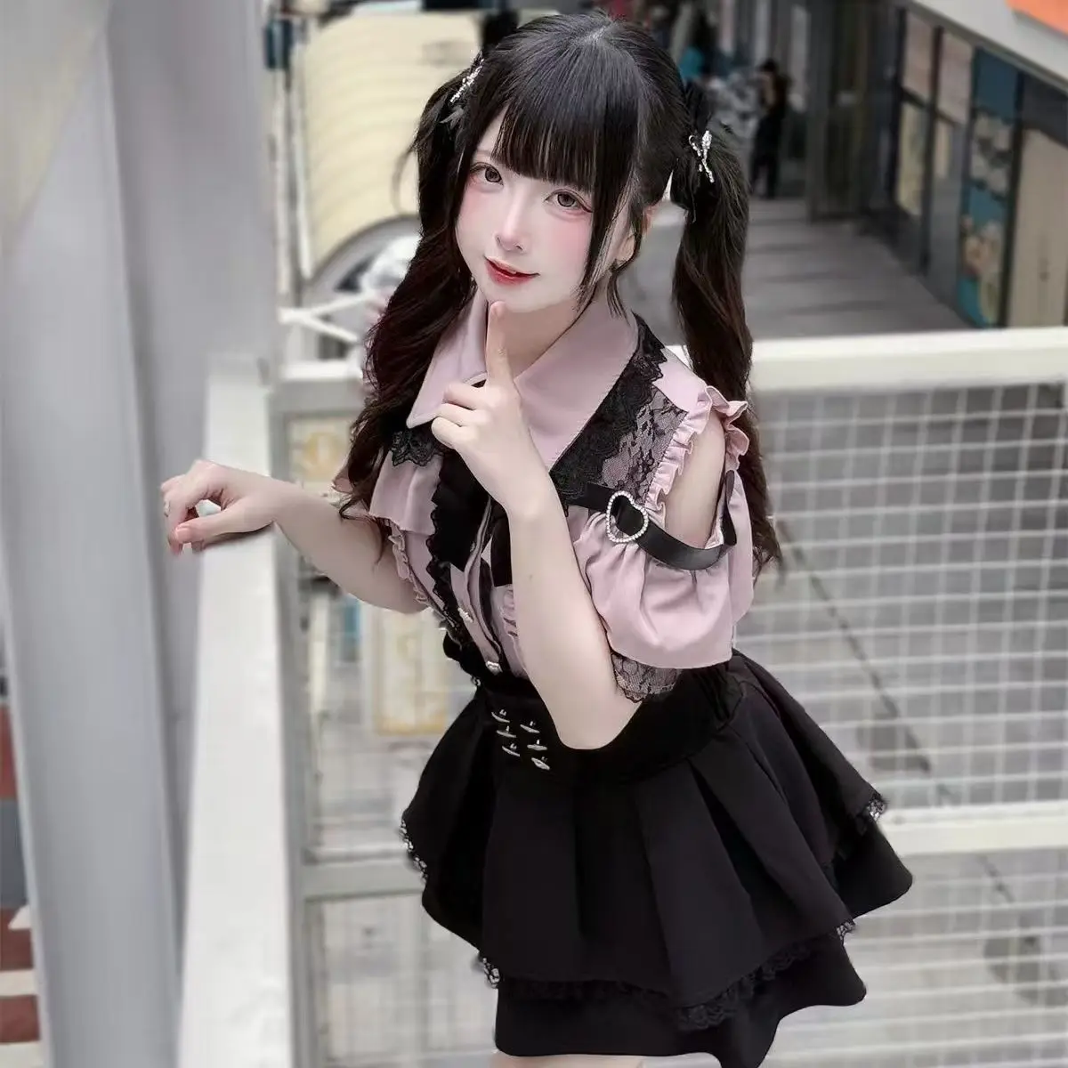 Dark Sweet Heart Ground Type Lolita Set, Ruffle Sleeve Top & A-line Skirt, Cute Kawaii Japanese Style Gothic Coord Outfit S-XL