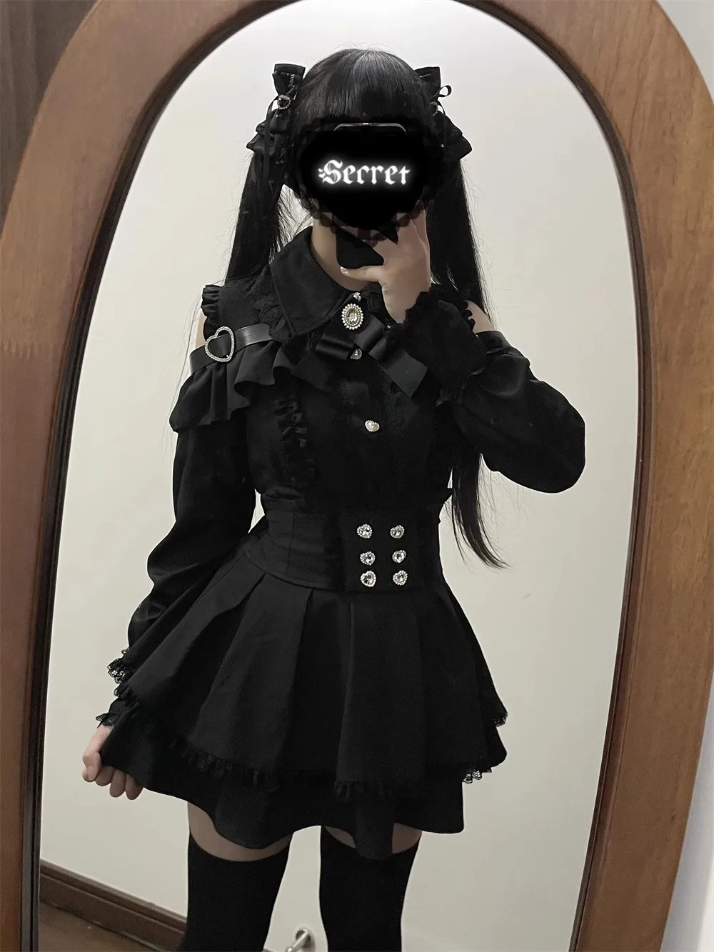 Dark Sweet Heart Ground Type Lolita Set, Ruffle Sleeve Top & A-line Skirt, Cute Kawaii Japanese Style Gothic Coord Outfit S-XL