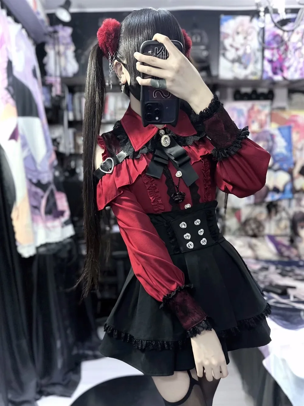Dark Sweet Heart Ground Type Lolita Set, Ruffle Sleeve Top & A-line Skirt, Cute Kawaii Japanese Style Gothic Coord Outfit S-XL