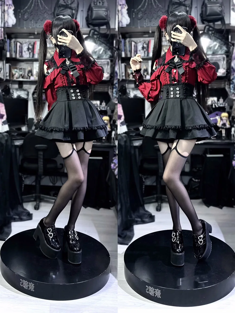 Dark Sweet Heart Ground Type Lolita Set, Ruffle Sleeve Top & A-line Skirt, Cute Kawaii Japanese Style Gothic Coord Outfit S-XL