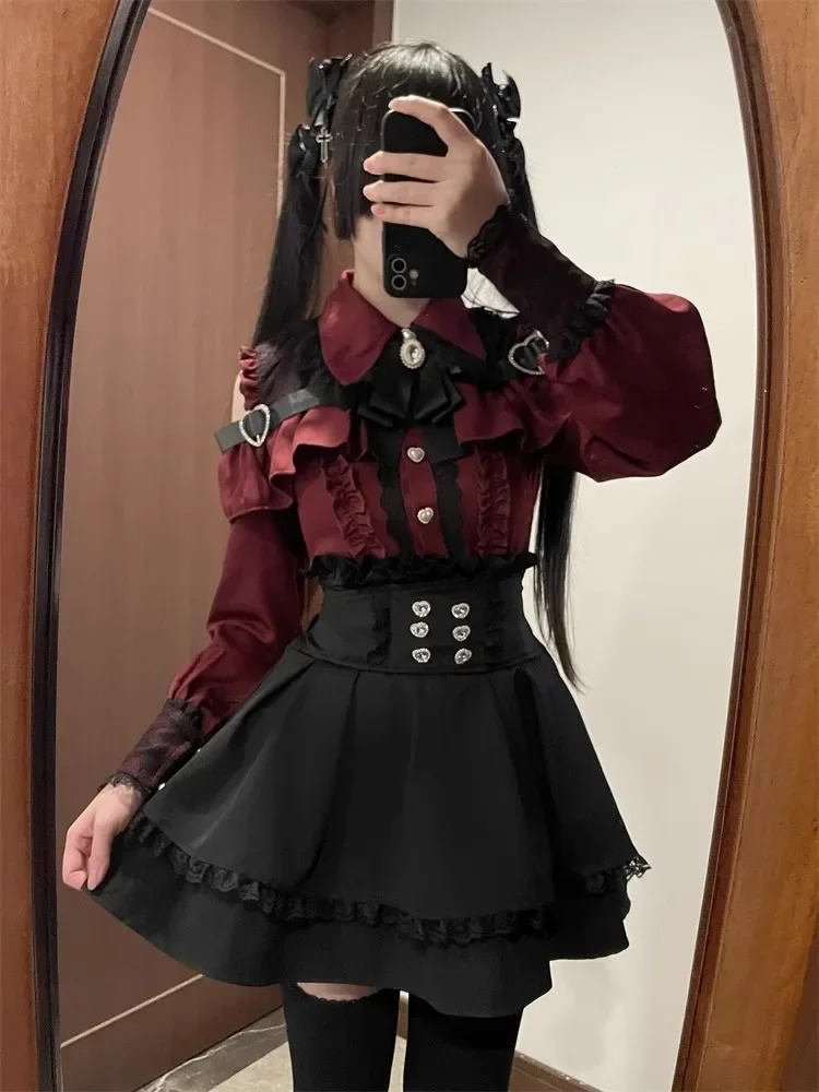 Dark Sweet Heart Ground Type Lolita Set, Ruffle Sleeve Top & A-line Skirt, Cute Kawaii Japanese Style Gothic Coord Outfit S-XL