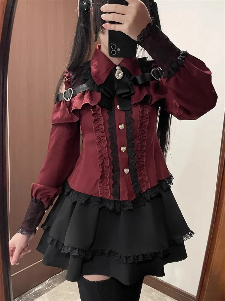 Dark Sweet Heart Ground Type Lolita Set, Ruffle Sleeve Top & A-line Skirt, Cute Kawaii Japanese Style Gothic Coord Outfit S-XL