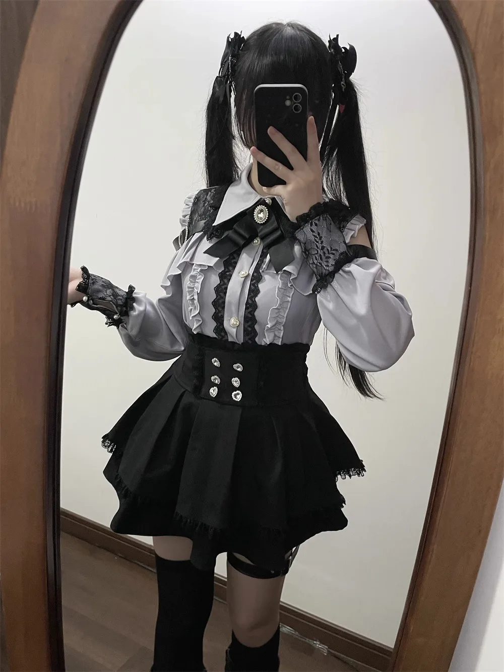 Dark Sweet Heart Ground Type Lolita Set, Ruffle Sleeve Top & A-line Skirt, Cute Kawaii Japanese Style Gothic Coord Outfit S-XL