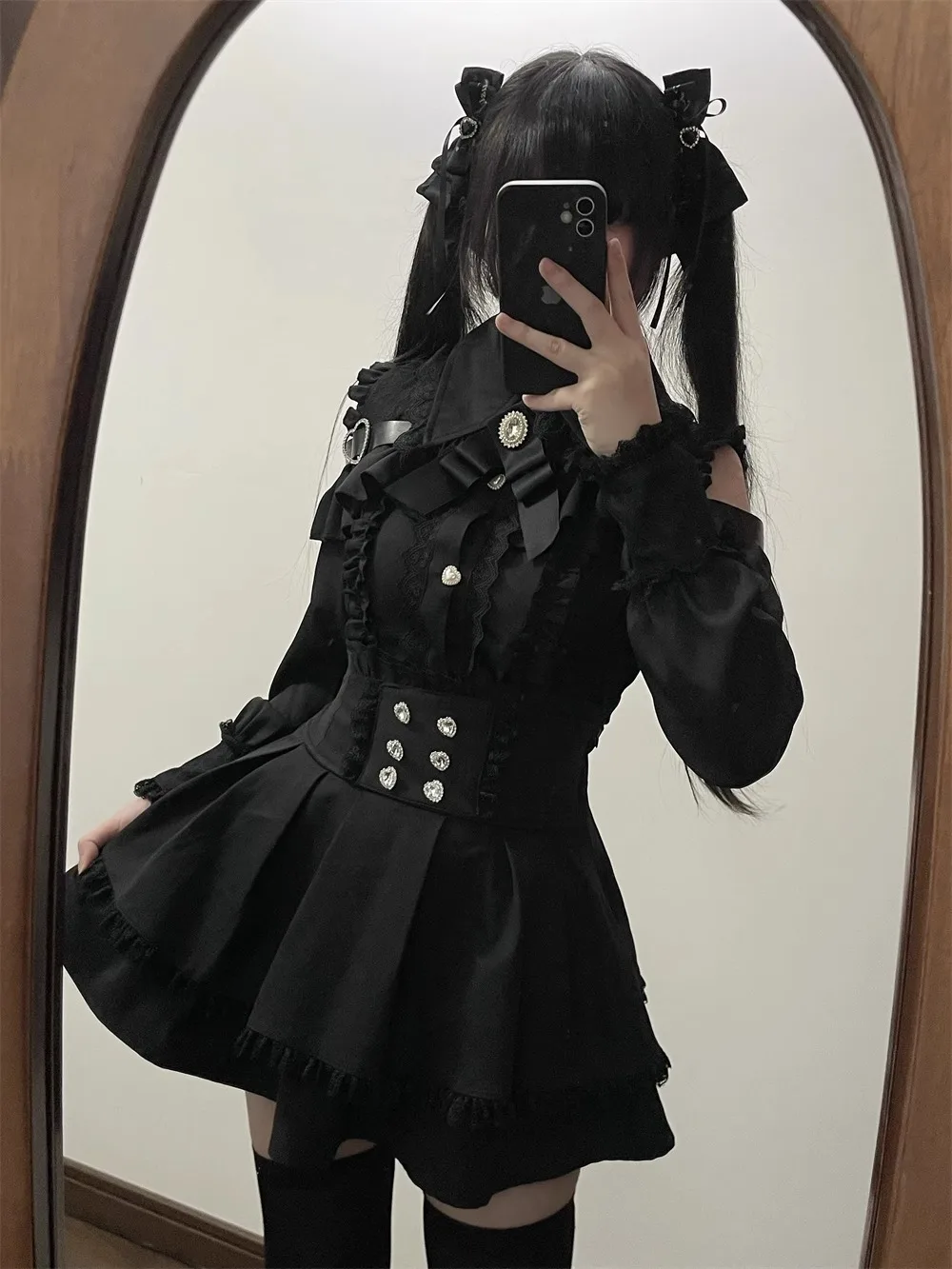 Dark Sweet Heart Ground Type Lolita Set, Ruffle Sleeve Top & A-line Skirt, Cute Kawaii Japanese Style Gothic Coord Outfit S-XL