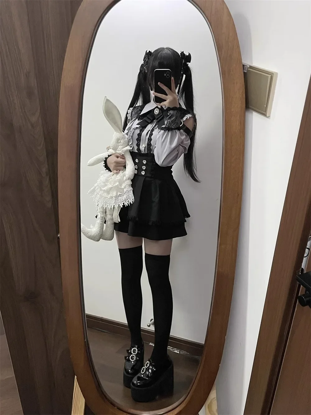 Dark Sweet Heart Ground Type Lolita Set, Ruffle Sleeve Top & A-line Skirt, Cute Kawaii Japanese Style Gothic Coord Outfit S-XL