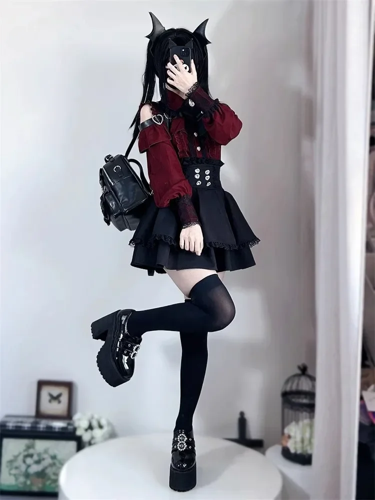 Dark Sweet Heart Ground Type Lolita Set, Ruffle Sleeve Top & A-line Skirt, Cute Kawaii Japanese Style Gothic Coord Outfit S-XL