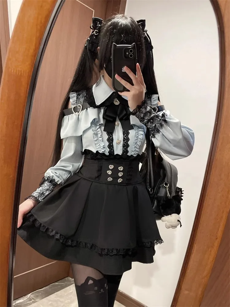 Dark Sweet Heart Ground Type Lolita Set, Ruffle Sleeve Top & A-line Skirt, Cute Kawaii Japanese Style Gothic Coord Outfit S-XL
