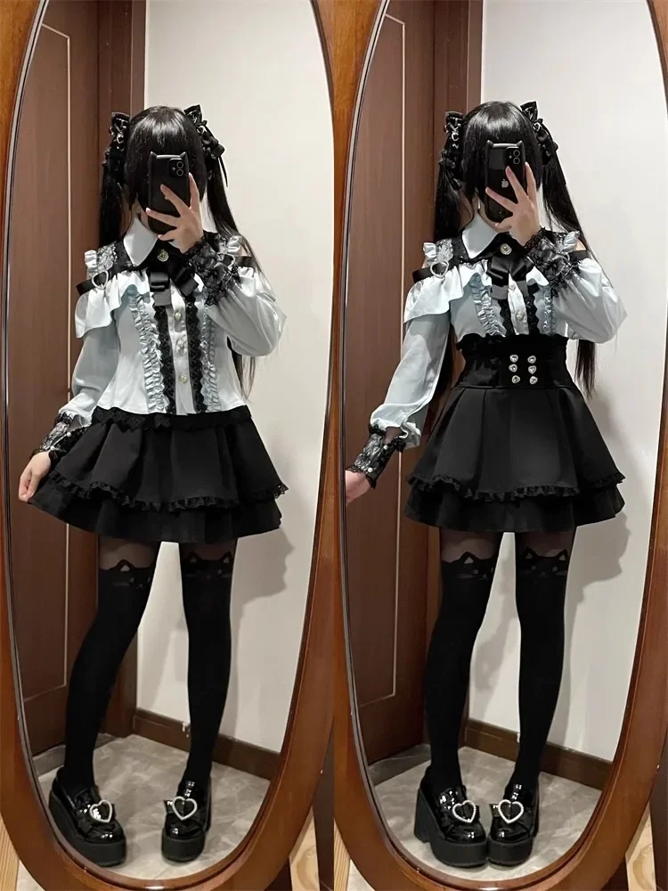 Dark Sweet Heart Ground Type Lolita Set, Ruffle Sleeve Top & A-line Skirt, Cute Kawaii Japanese Style Gothic Coord Outfit S-XL