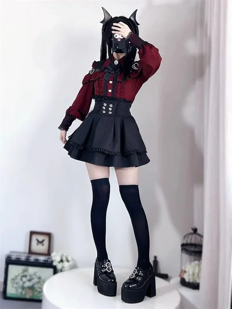 Dark Sweet Heart Ground Type Lolita Set, Ruffle Sleeve Top & A-line Skirt, Cute Kawaii Japanese Style Gothic Coord Outfit S-XL