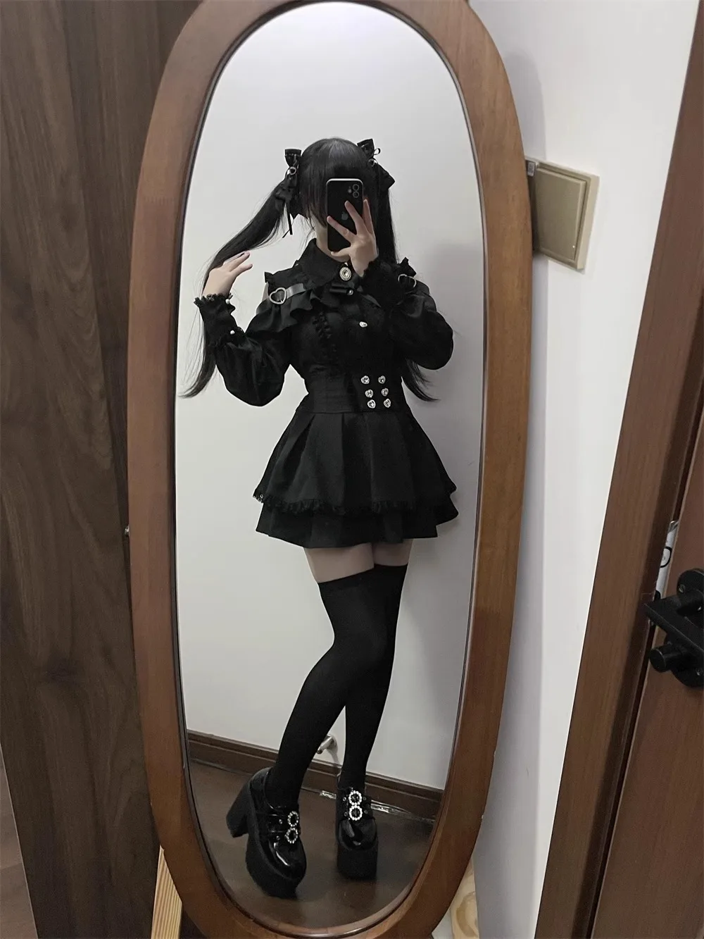 Dark Sweet Heart Ground Type Lolita Set, Ruffle Sleeve Top & A-line Skirt, Cute Kawaii Japanese Style Gothic Coord Outfit S-XL